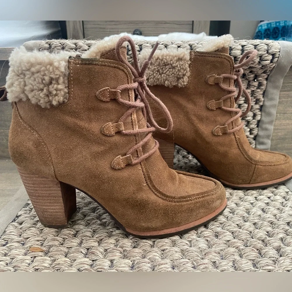 UGG Brown Ankle Boots with Shearling Trim - Picture 2 of 7